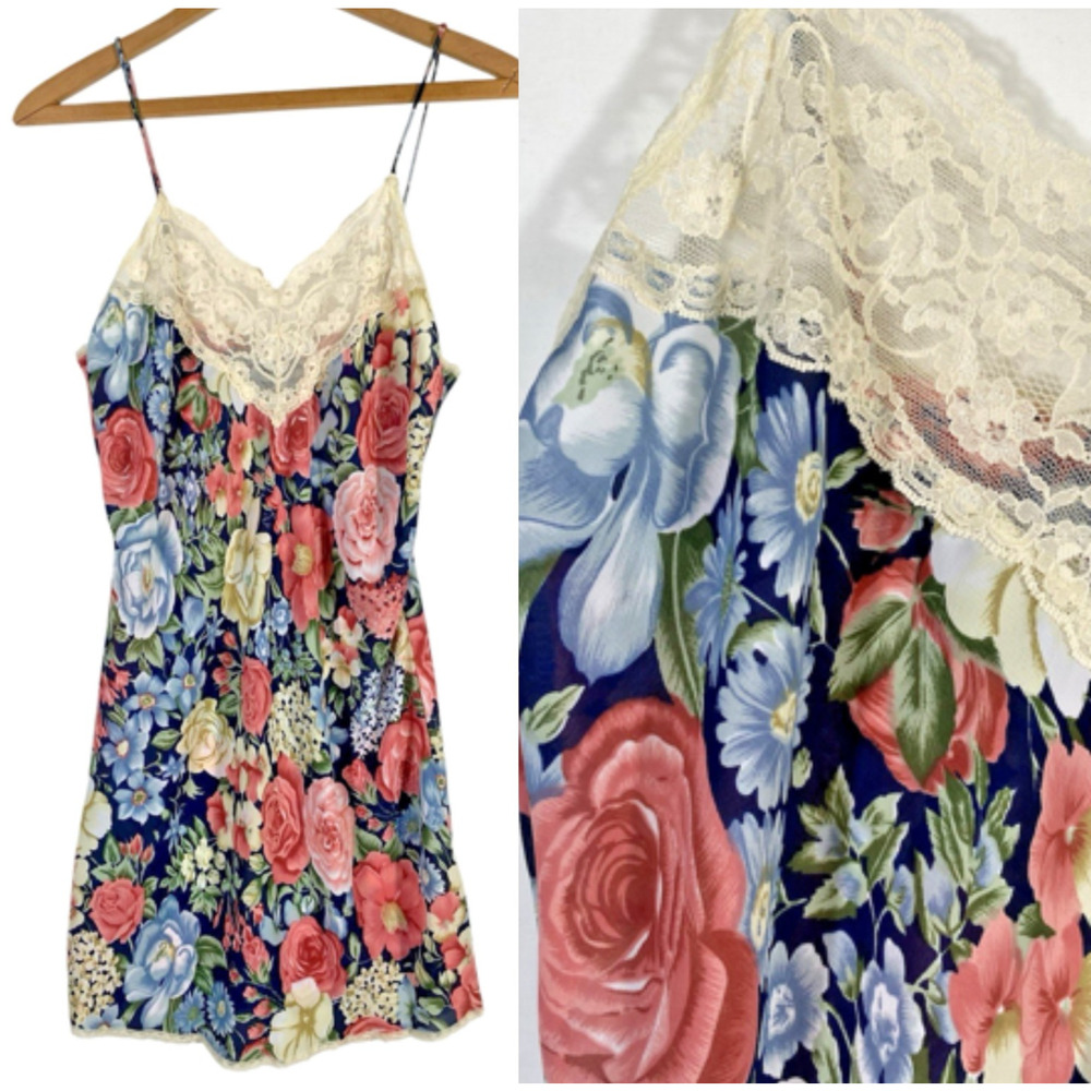Val Mode Lingerie Slip Dress Lace Floral Silky 90s Bridal Mini Small Nightgown